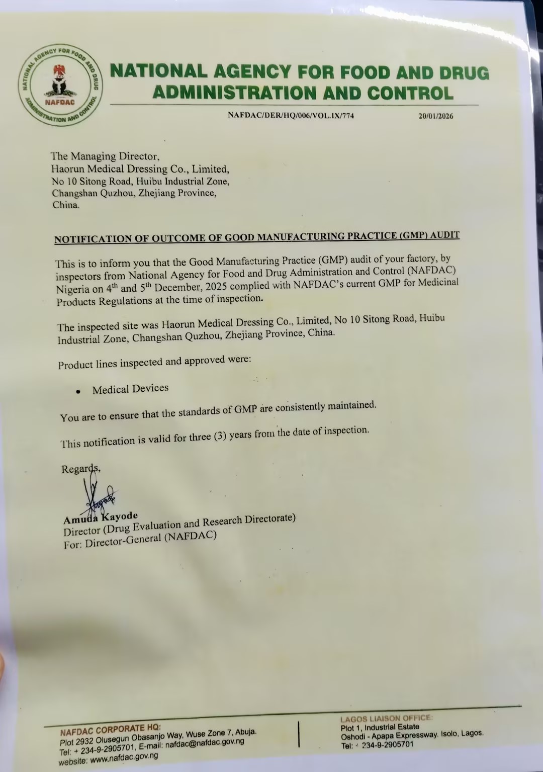 Los productos médicos Haorun reciben oficialmente la certificación de registro NAFDAC en Nigeria